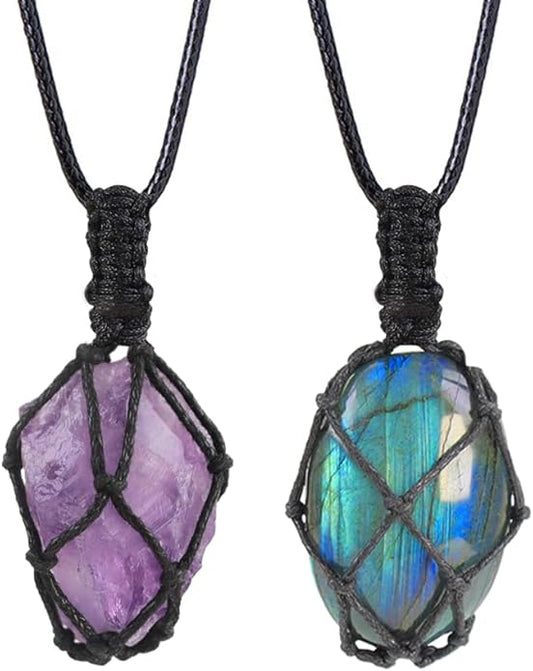 Handmade Natural Gemstone Crystal Pendant Necklace Stone Holder Necklace Cord Net Necklace with Adjustable Length for Women Men