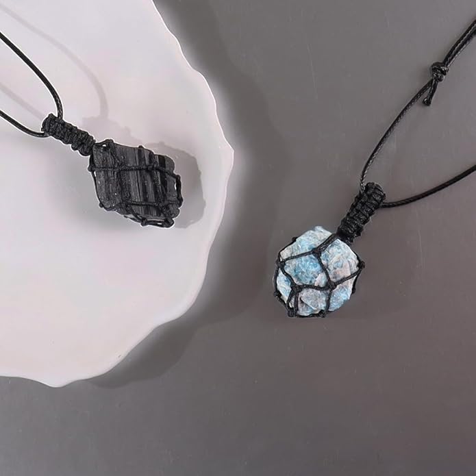 Handmade Natural Gemstone Crystal Pendant Necklace Stone Holder Necklace Cord Net Necklace with Adjustable Length for Women Men