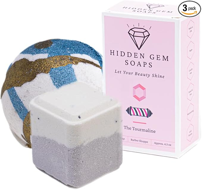 October Birthstone Tourmaline 3 Piece Gift Set All Natural Bar Soap, Bath Bomb, Shower Steamer Made in USA Palm Oil Free
