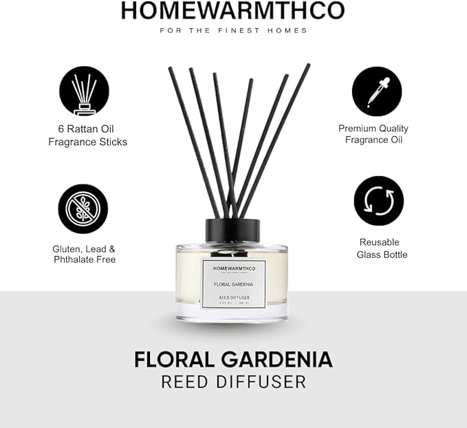 Floral Gardenia Reed Diffuser Set - Luxury Fragrance Reed Diffusers for Home, Office & Bathroom Décor - Long-Lasting Scent with Non-Toxic Oils (5.63 oz)