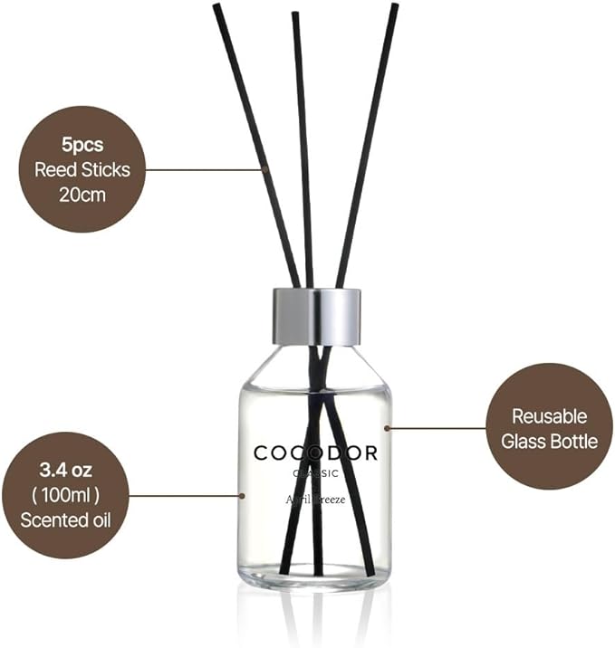 COCODOR Classic Reed Diffuser/April Breeze/3.4oz(100ml)/1 Pack Fragrance Scent Essential Oil Stick Diffuser Set for Bedroom Bathroom Home Décor