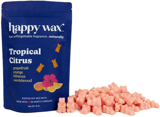 Happy Wax Tropical Citrus Scented Bear Wax Melts - Natural Strong Scented Summer Wax Melts Infused w/Essential Oils - Non Toxic Wax Melt & Pet Safe Wax Melts - (8 oz Pouch)
