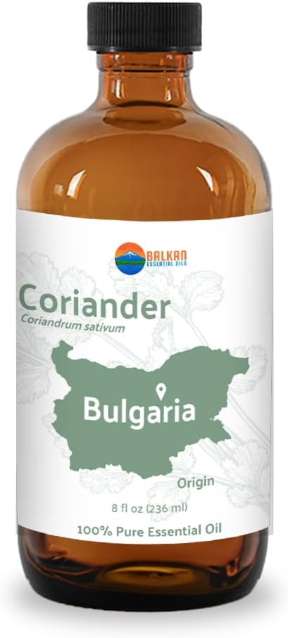Coriander Essential Oil - Direct from Bulgarian Balkan Mountains - Steam Distilled - Aceite Cilantro for Aromatherapy, Massage, Diffuser, DIY Candle and Soap Making - 8oz