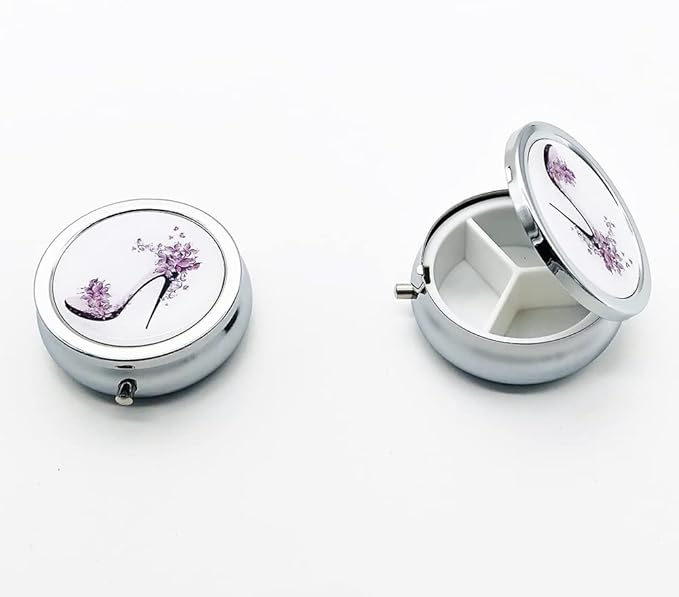 Crystal High Heels Pill Box Purse Pocket Small Round Silver Pill Case Decorative Box Metal Medicine Vitamin Pill Organizer Portable Unique Gift