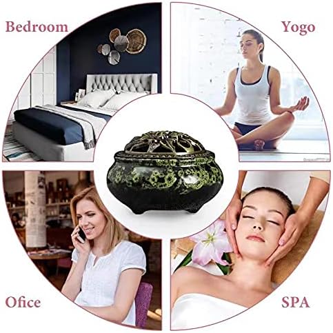 Ceramic Incense Burner with Lid, Bowl Burner， Cone Incense Burner, Ceramic Censer Suitable for Incense/Cone/Coil/Sticks, There are 30 Incense Cones+ Metal Incense Holder+Fireproof Cotton Inside.