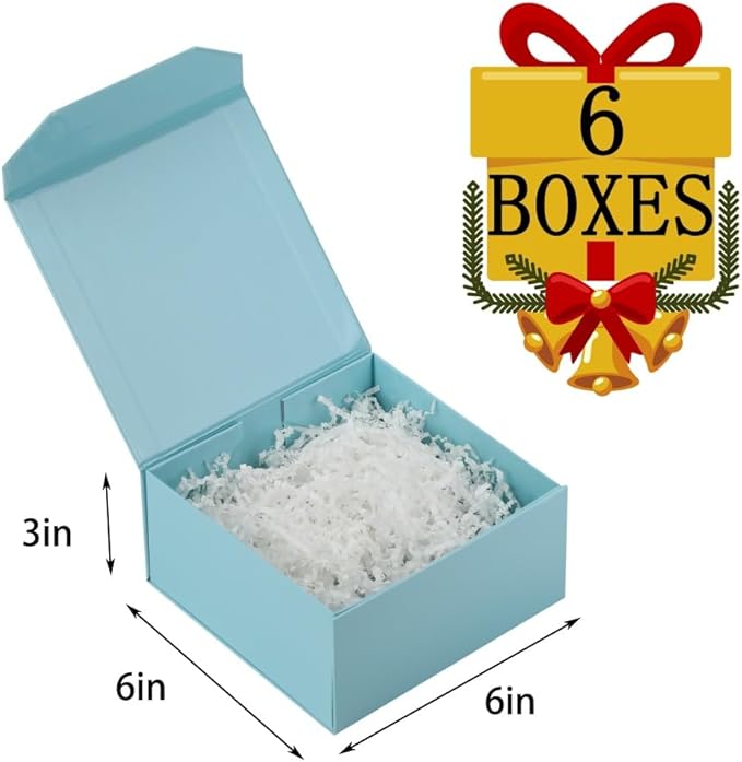 6 Pcs Small Blue Gift Box 6x6x3 Inch Magnetic Gift Box Small Magnetic Box with Crinkle Paper Blue Small Gift Box with Shredded Paper Luxury Gift Boxes with Lids for Presents