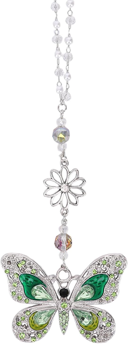 Green Crystal Butterfly Car Charm - Rear View Mirror Hanging Ornament, Sun Catcher Window Pendant for Car Interior Decoration, Christmas Birthday Gifts for Mom Aunt Women