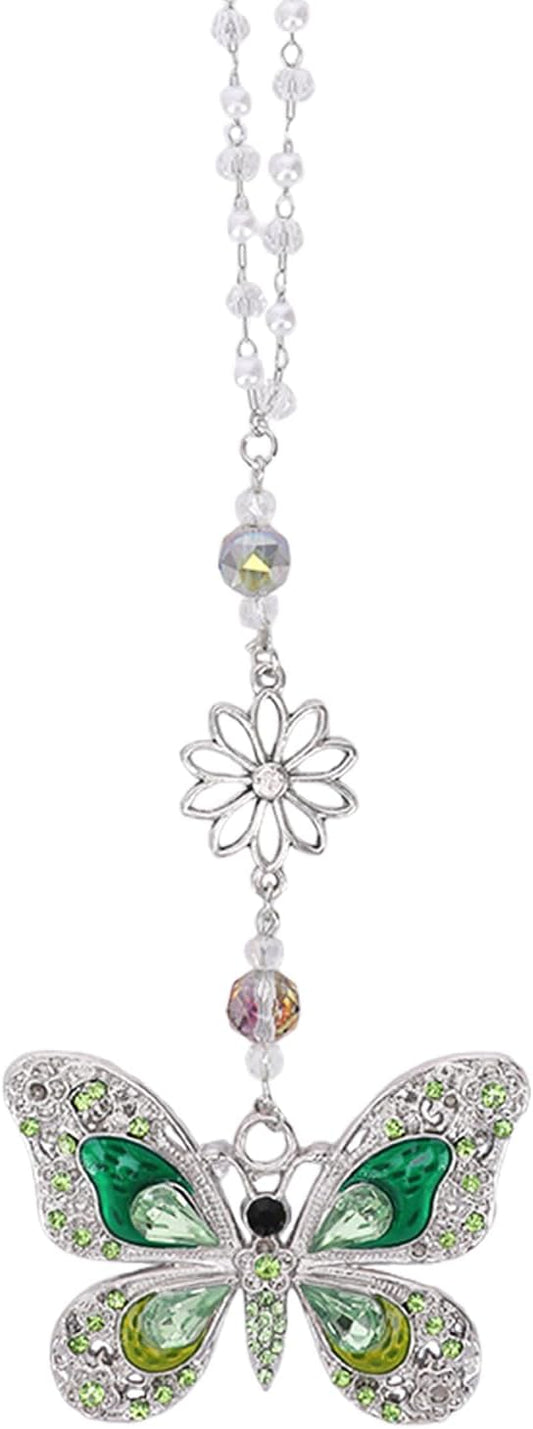 Green Crystal Butterfly Car Charm - Rear View Mirror Hanging Ornament, Sun Catcher Window Pendant for Car Interior Decoration, Christmas Birthday Gifts for Mom Aunt Women