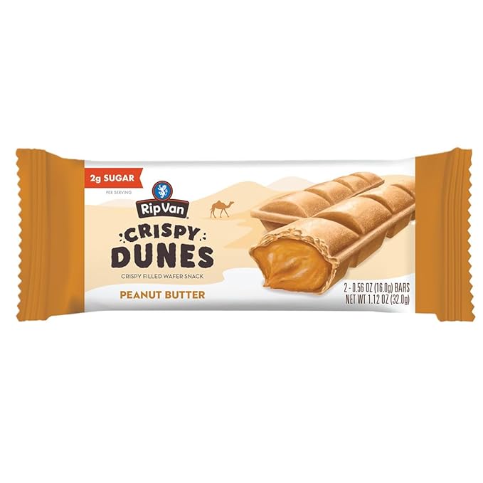 Crispy Dunes Peanut Butter Wafer Sticks – Low-Calorie Snack with Peanut Butter Cream Filling, 90 Calories, Non-GMO, Prebiotic Fiber - 12 Pack