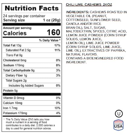 Chili Lime Cashews (24 oz) - Spicy & Tangy Flavored Cashew | Resealable Bag | Gourmet Roasted Nuts | Perfect Snack for On-the-Go, Parties, and Gifting | High Protein | Healthy Snacking | Jaybee's Nuts