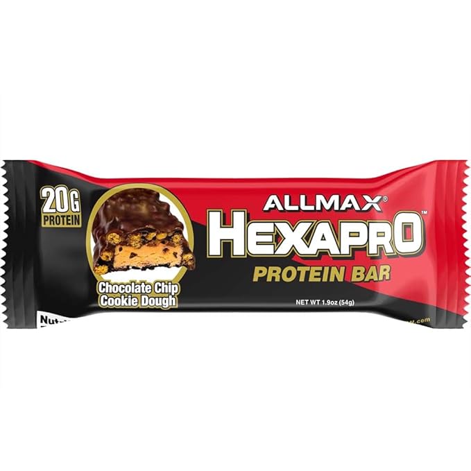 ALLMAX HEXAPRO PROTEIN BAR, Chocolate Chip Cookie Dough - Pack of 12 - High-Protein Energy Snack - 20 g of Protein Per Bar - With Whey Protein Isolate