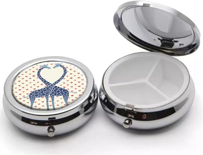 Giraffes Pill Box Purse Pocket Small Round Silver Pill Case Decorative Box Metal Medicine Vitamin Pill Organizer Portable Unique Gift