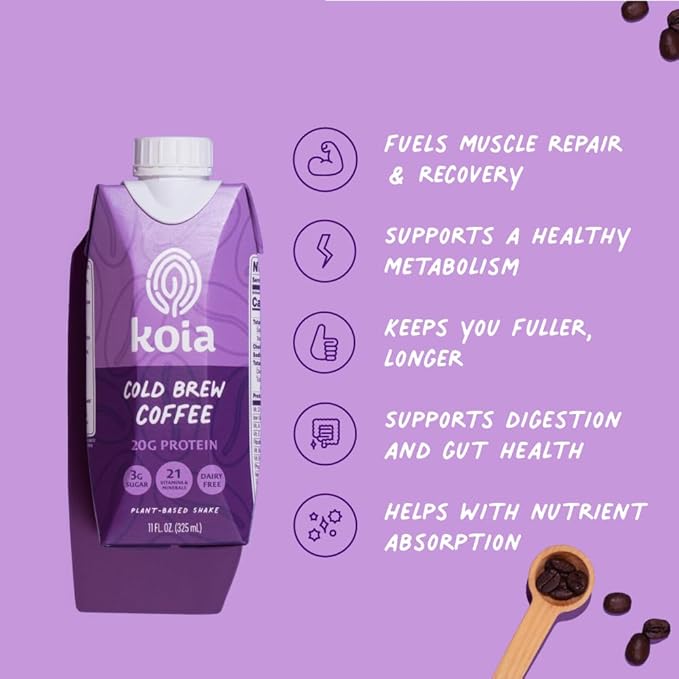 Koia Plant Based Protein Shake, Cold Brew Coffee, 20g Protein, 3g Sugar, 6g Prebiotic Fiber, 21 Vitamins & Minerals, Meal Replacement Drinks, Dairy-Free, Gluten-Free, Non-GMO, 11 Fl Oz (Pack of 12)