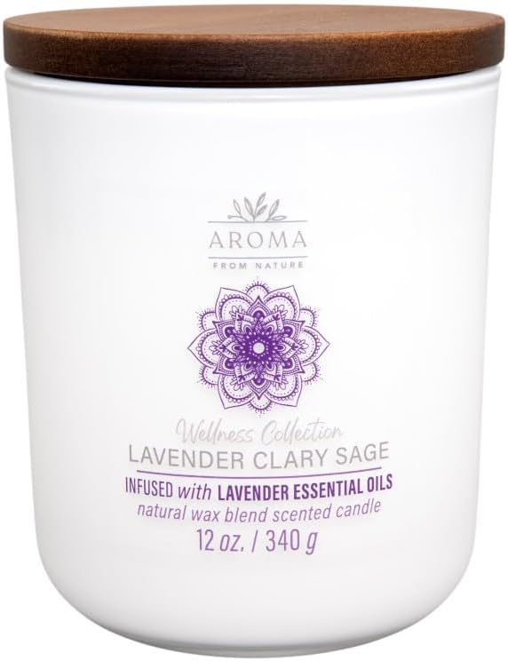 Aroma from Nature Wellness Collection Candle, 12 oz, 2 Cotton Wicks, Lavender Clary Sage, Large Painted Jar