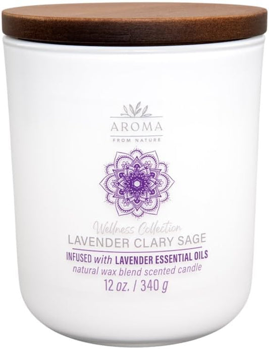 Aroma from Nature Wellness Collection Candle, 12 oz, 2 Cotton Wicks, Lavender Clary Sage, Large Painted Jar