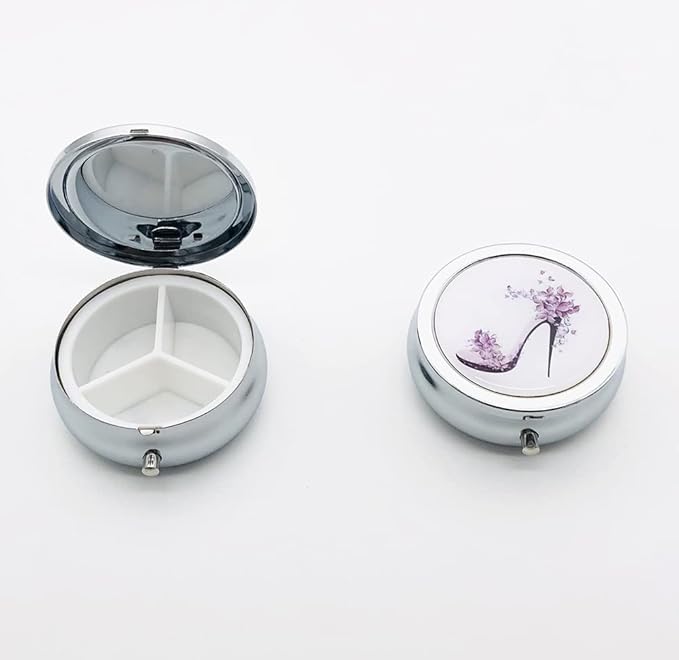Crystal High Heels Pill Box Purse Pocket Small Round Silver Pill Case Decorative Box Metal Medicine Vitamin Pill Organizer Portable Unique Gift