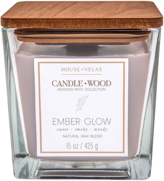 Candle Wood Collection, 15 oz, 1 Wooden Wick, Ember Glow, Square Glass Jar Candle