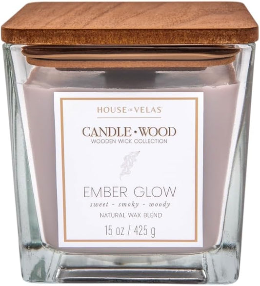 Candle Wood Collection, 15 oz, 1 Wooden Wick, Ember Glow, Square Glass Jar Candle