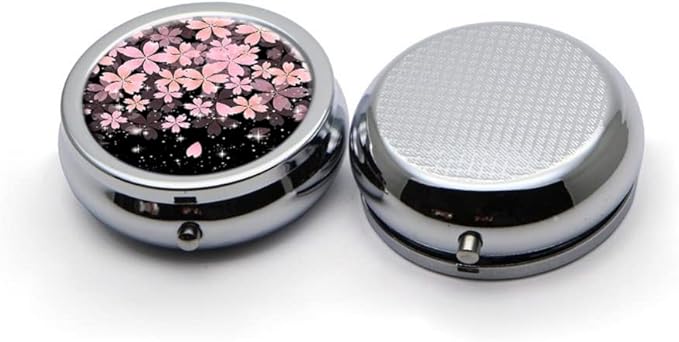 Cherry Flowers Pill Box Purse Pocket Small Round Silver Pill Case Decorative Box Metal Medicine Vitamin Pill Organizer Portable Unique Gift