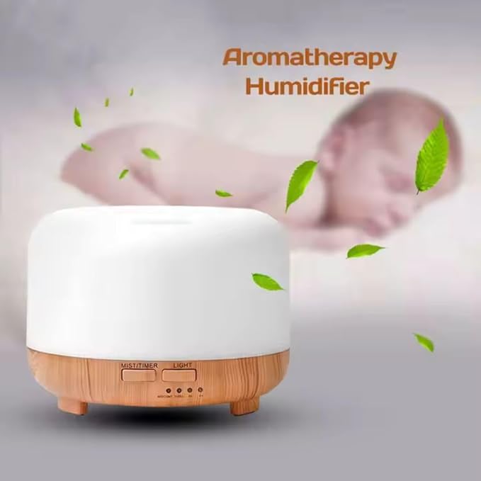 500ml Home/Office Aroma Diffuser with Multi-Color Lighting for Night Stand, Desk, Table, Essential & Fragrant Oil Vaporizer, Remote Control, Timer & Auto-Off Switch, Brown, Premium