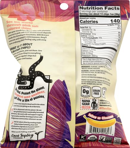 Barnana Organic Plantain Chips, Himalayan Pink Salt, 2 Ounce