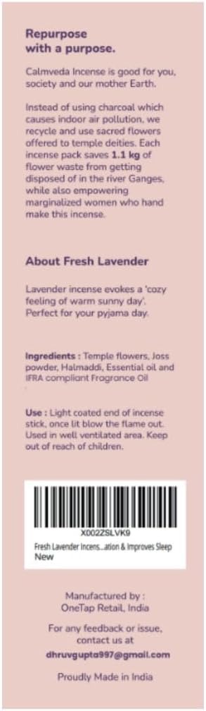 Fresh Lavender Incense for Calming - 80 Charcoal Free Incense Sticks, Made from Upcycled Flowers | Organic Incense Sticks Non Toxic | Use for Relaxation & Improves Sleep