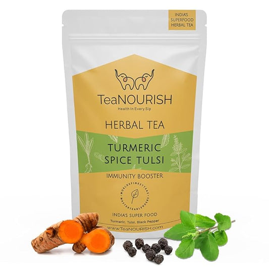 TeaNOURISH Turmeric Spice Tulsi Herbal Tea | Immunity Booster | Loose Blend of Indian Superfoods, Rich in Antioxidants | 100% NATURAL - 3.53oz/100g