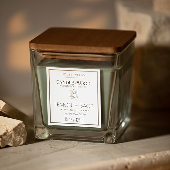 Candle Wood Collection, 15 oz, 1 Wooden Wick, Lemon + Sage, Square Glass Jar Candle