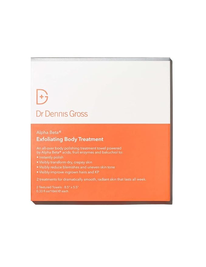 Dr. Dennis Gross Alpha Beta Exfoliating Body Treatment | Multi-Tasking Powered by AHA/BHAs for Smooth, Hydrated Skin While Improving Ingrown Hairs, Keratosis Pilaris, and Blemishes | 2 Textured Towels