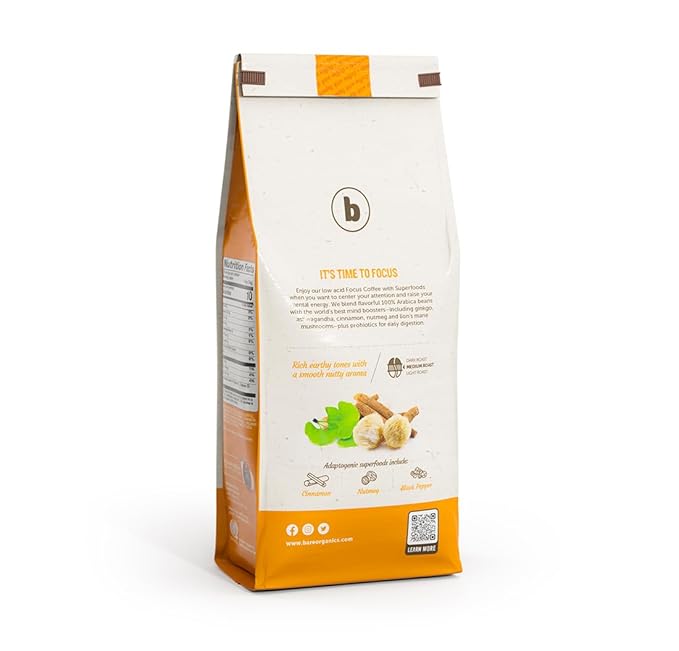Focus Coffee with Superfoods - Organic Probiotic Mushroom Ground Bagged Coffee, Supports Healthy Focus & Digestion, Infused with Ashwagandha, Lion's Mane, and Cinnamon, USDA Certified Organic 10 oz