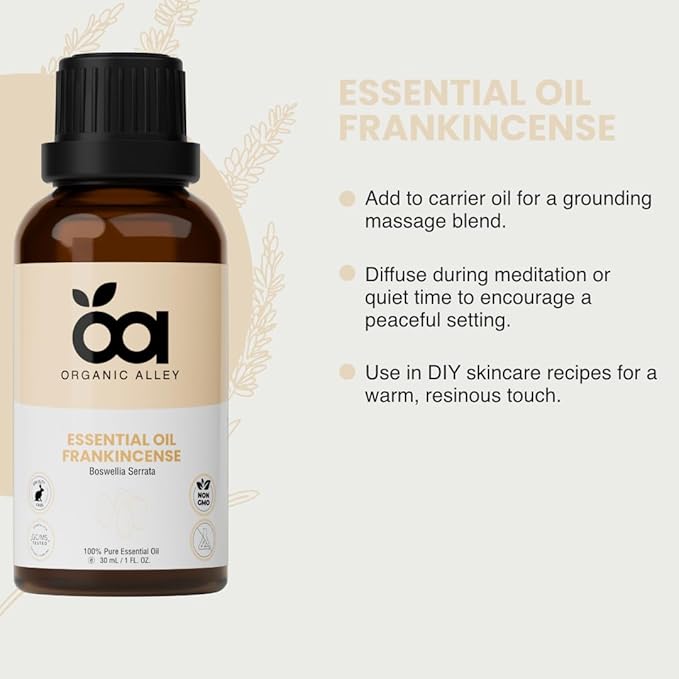 Frankincense Essential Oil by Organic Alley (Boswellia Serrata) | 100% Pure & Undiluted | Premium Essential Oil for Aromatherapy, Diffusers, Skin, Hair | Earthy-Woody Resin Aroma | (1 Fl Oz)