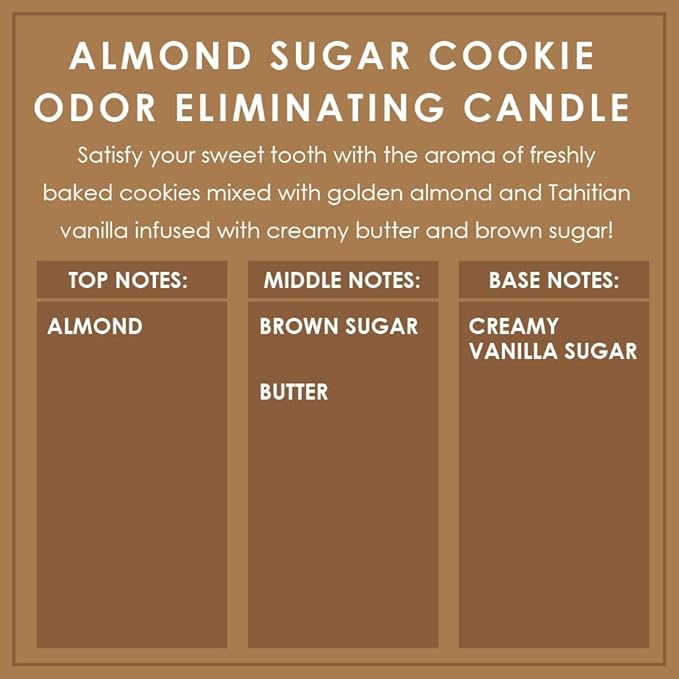 Almond Sugar Cookie Odor Eliminating Highly Fragranced Candle - Eliminates 95% of Pet, Smoke, Food, and Other Smells Quickly - Up to 80 Hour Burn time - 12 Ounce Premium Soy Blend