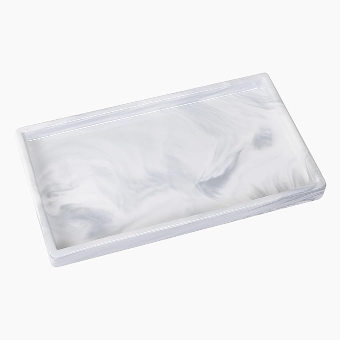 Bathroom Vanity Tray - 11'' Ceramic Rectangle Countertop Tray, Heavy-Duty Perfume Organizer Plate, Jewelry Ring Tray, Kitchen Soap Dispenser Stone Trays, Marble White