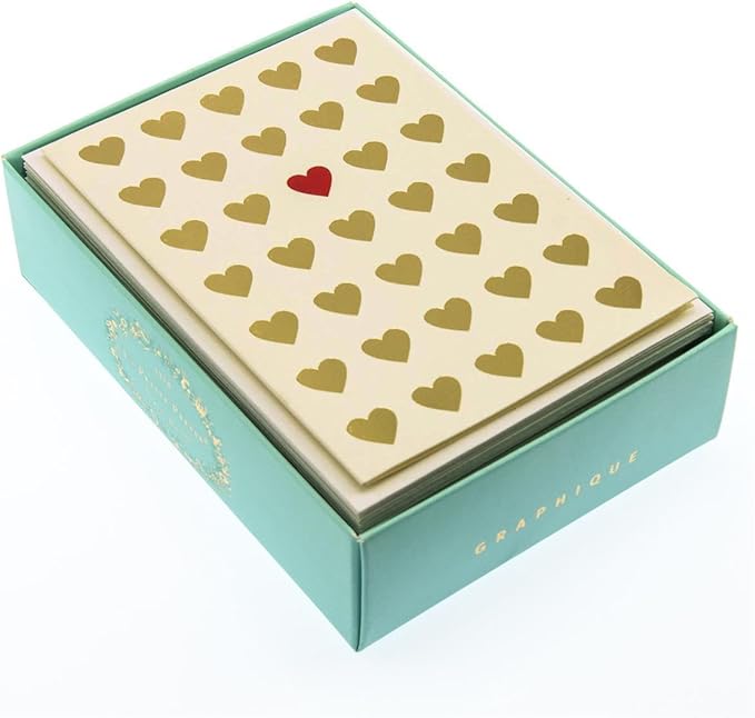 Graphique Lots of Love La Petite Presse Boxed Notecards - 10 Embossed and Embellished Gold Foil Heart Blank Cards with Matching Envelopes, 3.25 x 4.75" (L1315CB)