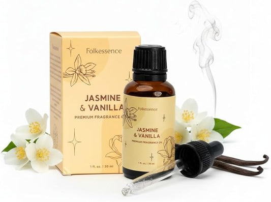 Folkulture Premium Essential Oil Blends for Diffuser for Home | 1.01 Fl Oz Vanilla Essential Oils for Aromatherapy | Jasmine Fragrance Oils for Soap & Candle Making Scents | Diffuser Oil for Massage