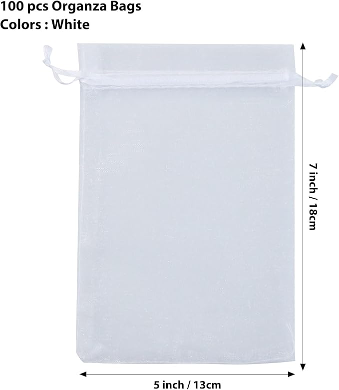 ANZNKU 100PCS Premium White Organza Bags 5x7 inches Mesh Bags Drawstring, Small Gift Pouches for Wedding Festival Makeup Party Favor