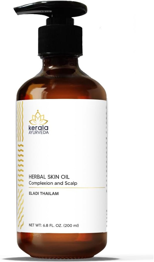 Kerala Ayurveda Herbal Skin Oil (Eladi Thailam) - Sesame Oil Based Ayurvedic Massage Oil for Radiant Body & Healthy Scalp - Moisturizes Dry Skin & Hair, & Balances Vata and Kapha, 6.76 Fl Oz