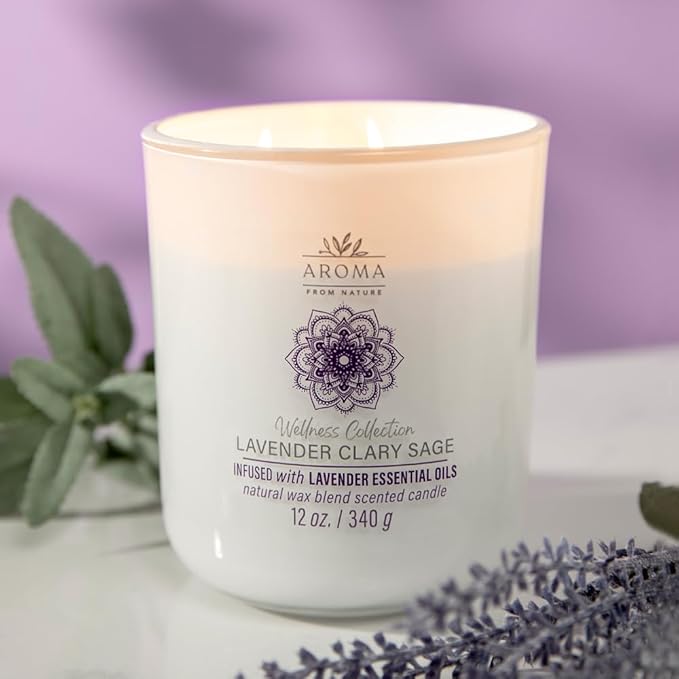 Aroma from Nature Wellness Collection Candle, 12 oz, 2 Cotton Wicks, Lavender Clary Sage, Large Painted Jar
