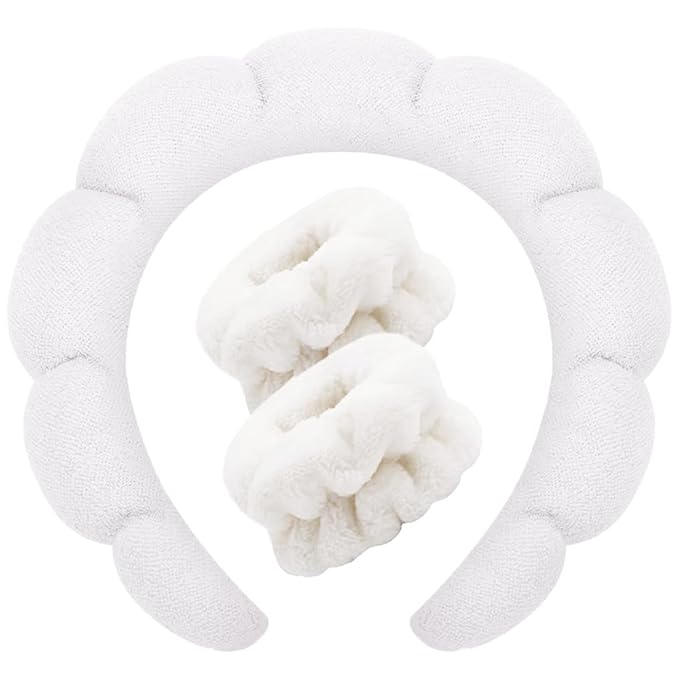 Spa Headbands for Washing Face Wristband Set Sponge Makeup Skincare Headband Wrist Towels Bubble Soft Terry Towel Cloth Hairband for Women Puffy Headwear Non Slip Thick Thin Hair Headwear (White)