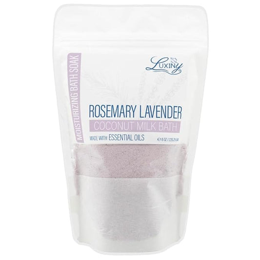 Luxiny Vegan Milk Bath Soak Made with Moisturizing Coconut Milk Powder, Essential Oil, & Sweet Almond Oil for a Bath Bomb Dust Soothing Fizz & Relaxing Soak, 8 oz. (Rosemary Lavender)