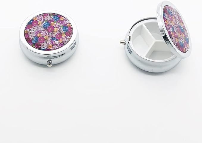 All Flowers Bloom Together Pill Box Purse Pocket Small Round Silver Pill Case Decorative Box Metal Medicine Vitamin Pill Organizer Portable Unique Gift