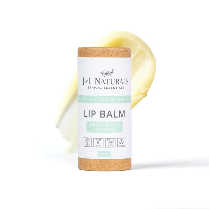 J&L Naturals Sustainable Lip Balm | Organic Ingredients, 100% Natural, Eco-Friendly | Cruelty Free, Vegan, Paraben Free, Silicone Free (Bergamot & Lavender, Single)