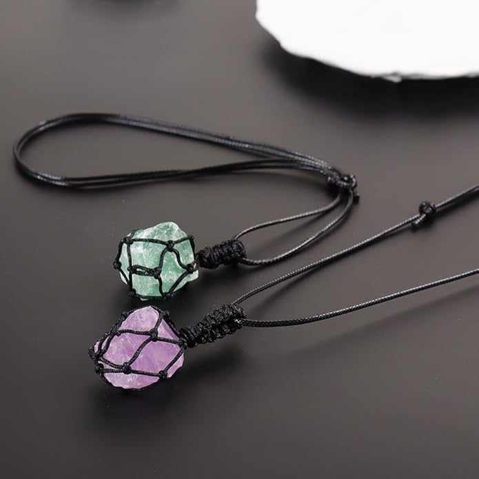 Handmade Natural Gemstone Crystal Pendant Necklace Stone Holder Necklace Cord Net Necklace with Adjustable Length for Women Men