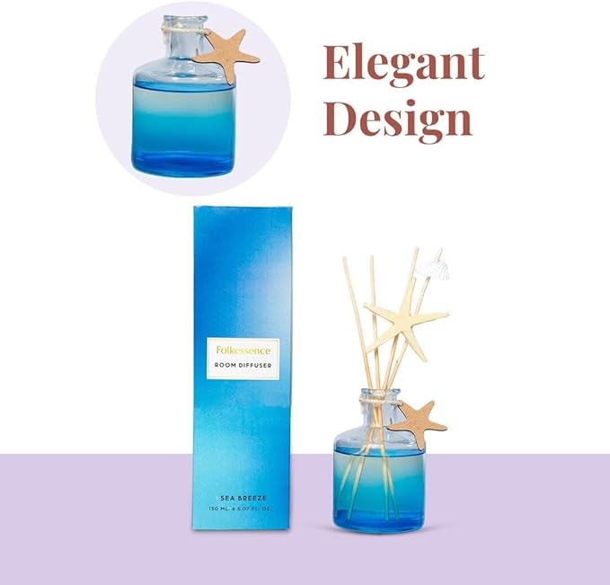 Folkulture Reed Diffusers for Home, 5 oz | Bathroom Decor, Beach Scent Diffuser Oil with Sticks for Living Room, Office, Desk| Natural Essential Oils | Housewarming Gifts | Home Fragrance Products