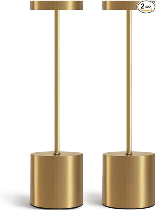 2 Pack LED Cordless Table Lamps, 3 Color Stepless Dimming Battery Powered Lamp, Portable Rechargeable Table Lamp for Dinner/Bars/Patio/Restaurant/Bedroom (Gold)