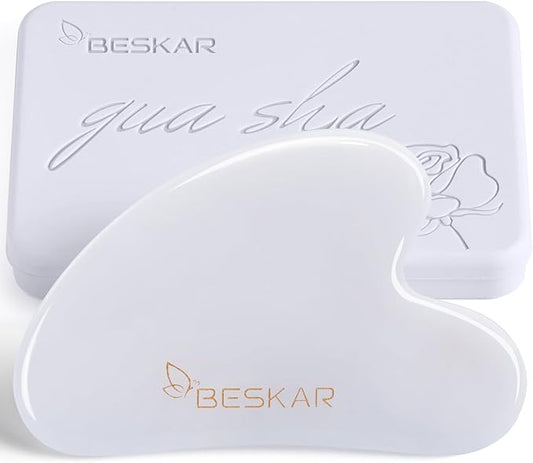 BESKAR Gua Sha Facial Tools, Natural Jade Stone Guasha Massager for Jawline Sculpting, Tighten Face Skin and Reduce Wrinkles, Face Eyes Body Neck Massage Tool, Skin Care Gift