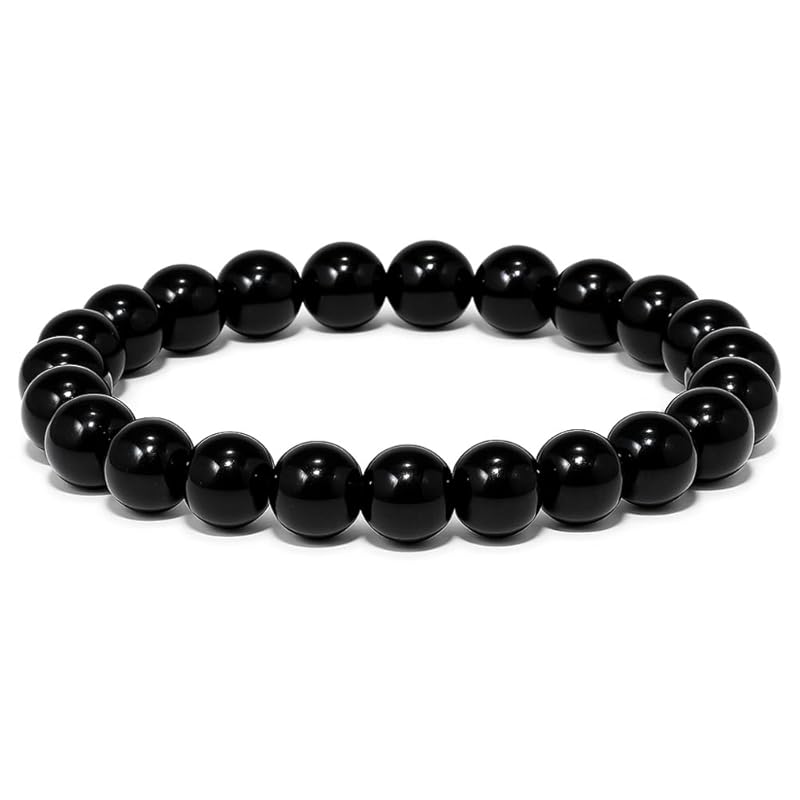 Black Tourmaline Bracelet, Natural Healing Crystal Bracelet for Women and Men, 8mm Round Beaded Bracelet for Spiritual, Protection, Positive Energy, Elastic Adjustable Size Gemstone Bead Bracelet