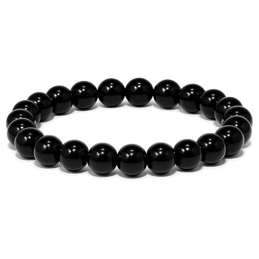 Black Tourmaline Bracelet, Natural Healing Crystal Bracelet for Women and Men, 8mm Round Beaded Bracelet for Spiritual, Protection, Positive Energy, Elastic Adjustable Size Gemstone Bead Bracelet
