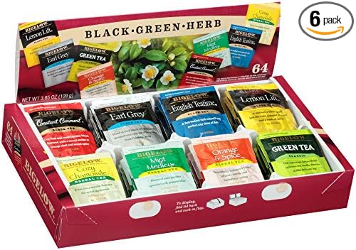 Bigelow Tea Variety Pack 8 Flavor Assortment 64-Count Boxes (Pack of 6) Caffeinated Individual Green and Black Tea Bags, for Hot Tea or Iced Tea, Drink Plain or Sweetened with Honey or Sugar