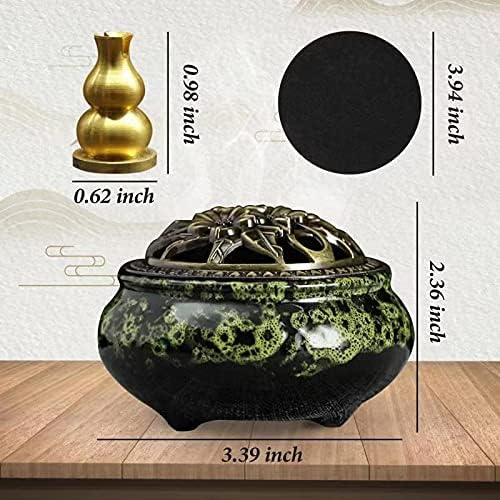 Ceramic Incense Burner with Lid, Bowl Burner， Cone Incense Burner, Ceramic Censer Suitable for Incense/Cone/Coil/Sticks, There are 30 Incense Cones+ Metal Incense Holder+Fireproof Cotton Inside.